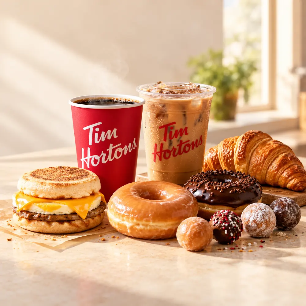 Tim Hortons menu favourites in Canada - coffee, Iced Capp, breakfast sandwich, Timbits and a donut